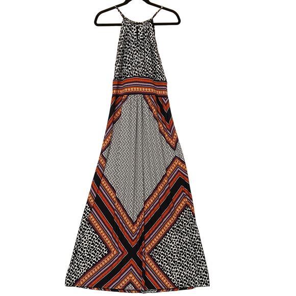 Roz & Ali Geometric Black Orange Stretchy Halter A-Line Maxi Dress Size 12 - Picture 1 of 7